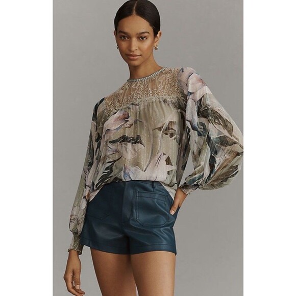 Blank London Tops - Blnk Bl^nk London Anthropologie XL Peasant Top Floral Blouse Lace Eclectic Gold